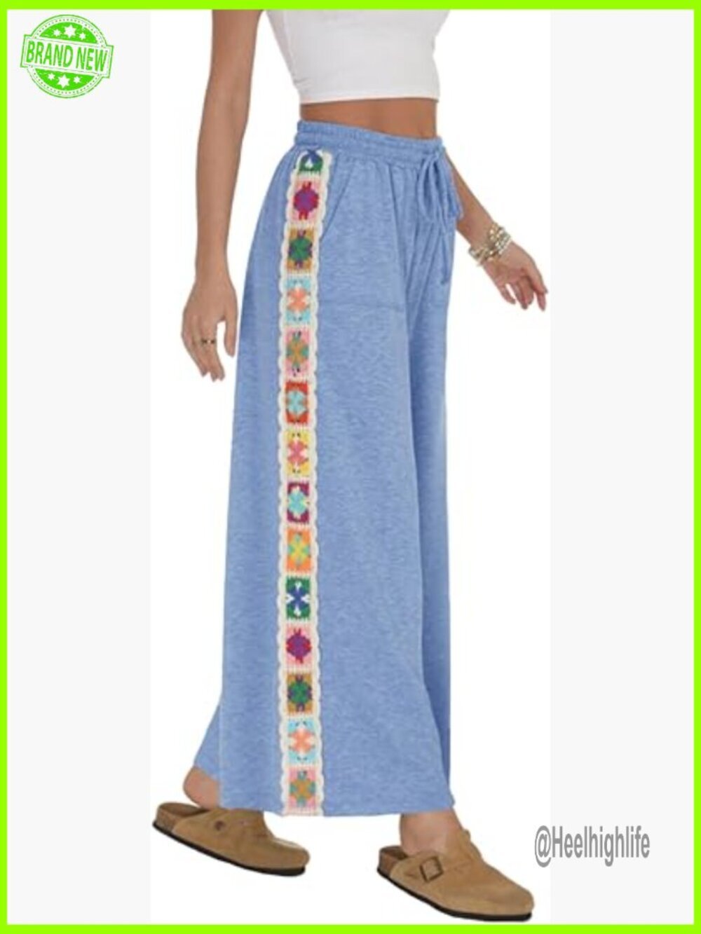 High Waist Wide Leg Cropped Palazzo Pants with Crochet Details and Pockets